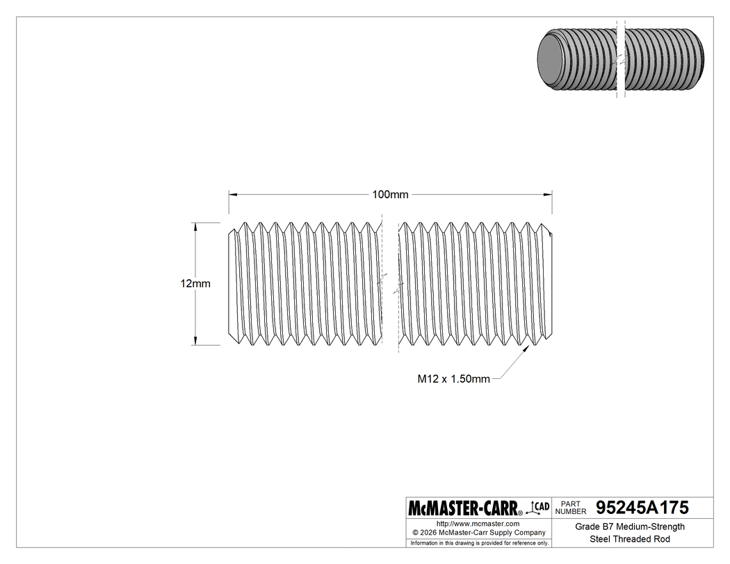 Technical Drawing of Grade B7 Medium-Strength Steel Threaded Rod, Fine-Thread, M12 x 1.5 mm Thread, 100 mm Long.